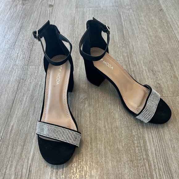 Womens Top Moda Black Rhinestone Block Heels - 6.5 - Picture 1 of 10